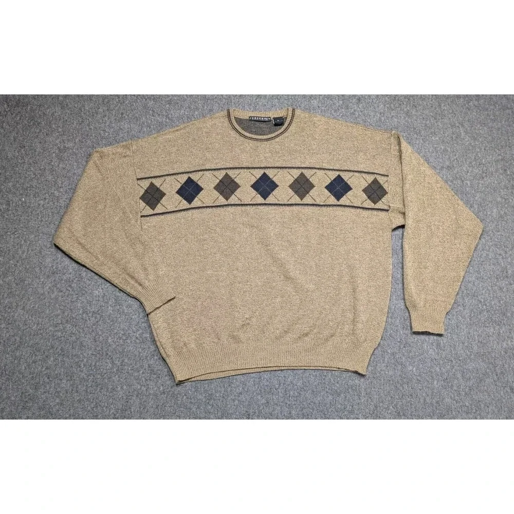 Vtg Sweater Mens Extra Large Tan Y2K‎ Wool Blend Grandpa Argyle Retro Crewneck